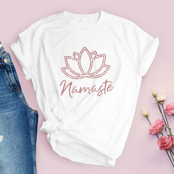 Wander Luxe Tees Tops - Namaste Lotus Flower Rose Gold Glitter Tee Shirt